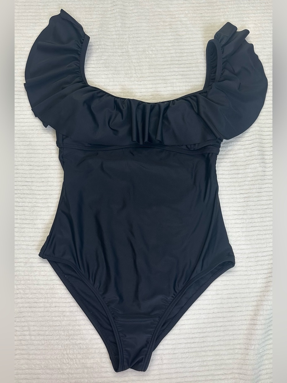 Island Soul Women’s Black Off The Shoulder Ruffle One Piece Swimsuit Size Medium